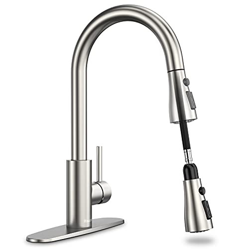 Kitchen Faucet with Pull Down Sprayer, Brushed Nickel Faucet for Kitchen Sink, 15.5-Inch Kitchen Sink Faucet with 3 Modes (Deck Plate for Single or 3 Holes)