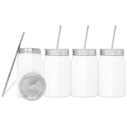 PINKSODIUM Sublimation Blanks Mason Jar Tumbler 17 OZ Wide Mouth White Stainless Steel Tumbler Jar with Lid and Metal Straw for Cricut Mug Press Machine or Convection Oven Sublimation Print - 4 Pack