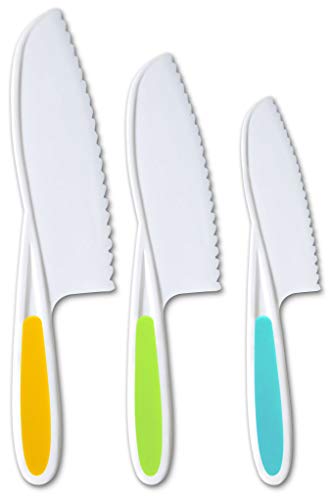 Ragazzacucine Kids Knife Set of 3 - Firm Grip, Serrated Edges & Safe – Colorful Nylon Toddler Cooking Knives to Cut Fruits, Salad, Cake, Lettuce (MultiColor)