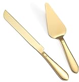 Cake Cutting Set for Wedding, Elegant Cake Knife and Server Set with Thickened Stainless Steel and Rounded Edges, Cake Cutter and Pie Spatula for Birthday Anniversary Christmas Gift Set of 2, Gold