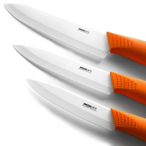 Best Ceramic Knife Set by IMORI – 3 Chef Rated Blades with SafeEdge Back Corners (6" Chef + 5" Slicing knife + 4" Paring)