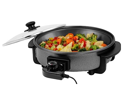 Ovente 12 Inch Electric Kitchen Skillet with Nonstick Aluminum Coated Grill Pan & Glass Lid Cover, Indoor Countertop Cooking Pan with Temperature Control & Handle Compact Easy Clean, Black SK11112B