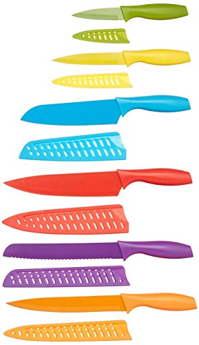 Amazon Basics Color-Coded Kitchen 12-Piece Knife Set, 6 Knives with 6 Blade Guards, Multicolor