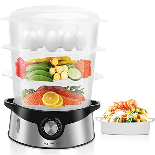 Aigostar 9.6 QT Food Steamer for Cooking, Electric Food Vegetable Steamer with BPA-Free 3 Tier Stackable Baskets, 800W Fast Heating, 60-min Timer, Auto Shutoff & Boil Dry Protection, Stainless Steel