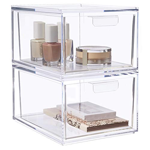 STORi Audrey Stackable Clear Bin Plastic Organizer Drawers | 2 Piece Set | Organize Cosmetics and Beauty Supplies on a Vanity | Made in USA