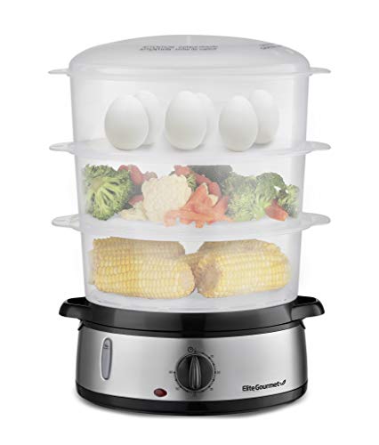 Elite Gourmet Maxi-Matic Electric Food Vegetable Steamer with BPA-Free 3 Tier Stackable, Nested Basket Trays, Auto Shut-off 60-min Timer, 800W, 9.5 Quart, Stainless Steel