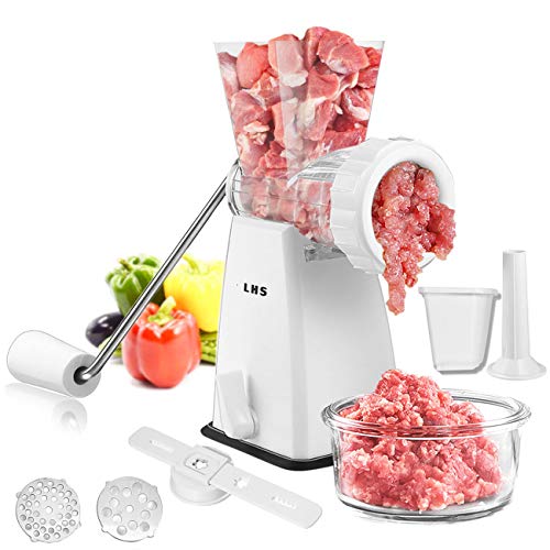 Manual Meat Grinder with Stainless Steel Blades Heavy Duty Powerful Suction Base for Home Use Fast and Effortless for All Meats-White