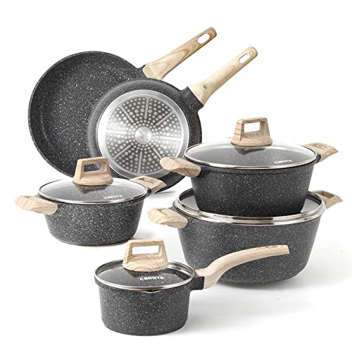 CAROTE Nonstick Granite Cookware Sets, 10 Pcs Pots and Pans Set, Non Stick Stone Kitchen Cookware Set with Frying Pans(Granite, Induction Cookware)…