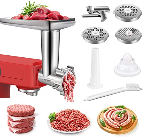 Metal Meat Grinders Attachments for All Kitchenaid Stand Mixers, Electric Food Processor Veggies Shredder Kitchen Aid Mixer Accessories with 2 Sausage Stuffer and 4 Grinding Blades (Silver)