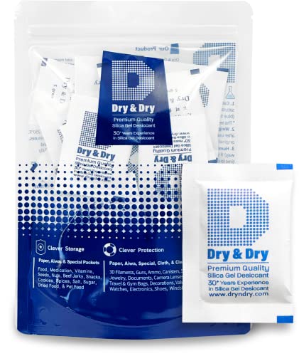 Dry & Dry 5 Gram [30 Packets] Premium Pure and Safe Silica Gel Packets Desiccant Dehumidifiers, Silica Gel Packs - Rechargeable (Food Safe) Moisture Absorbers, Desiccant Packets