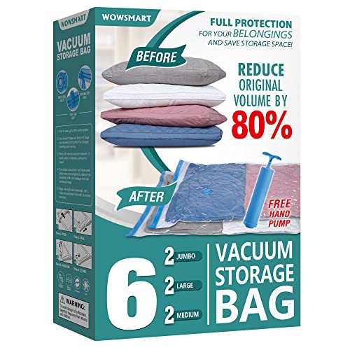 6 Space Saver Vacuum Storage Bags, Vacuum Sealed Storage Bags (2 Jumbo + 2 Large + 2 Medium) with Hand Pump, Vacuum Seal Bags for Clothing, Comforters, Pillows, Towel, Blanket Storage, Bedding