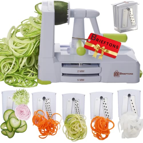 Brieftons 5-Blade Vegetable Spiralizer: Strongest-Heaviest Spiral Slicer, Best Veggie Pasta Spaghetti Maker for Low Carb/Paleo/Gluten-Free/Vegan Meals, With Extra Blade Caddy, 4 Recipe Ebooks